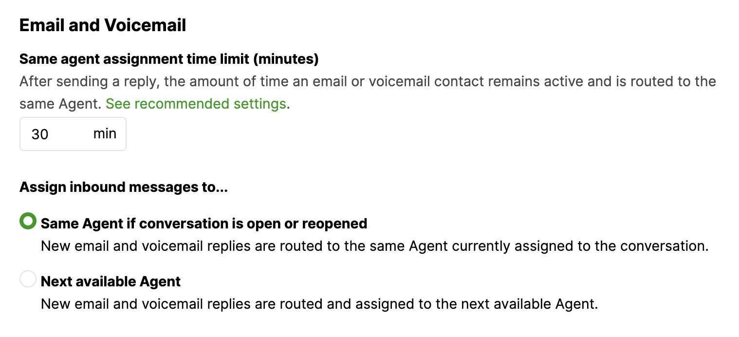 Settings for email and voicemail agent assignment with time limit and options displayed.