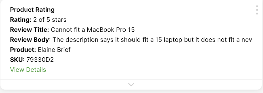 Product review showing a low rating and issues with fitting a MacBook Pro.