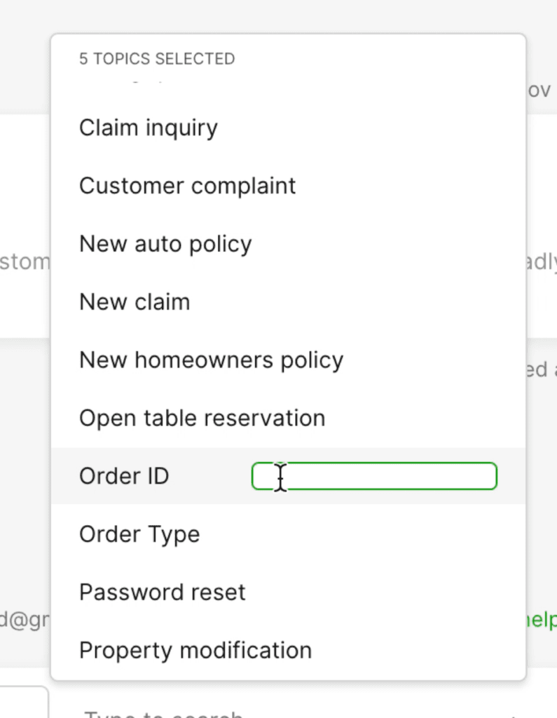 Dropdown menu displaying various selected topics including Order ID and Customer complaint.