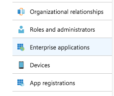 Menu options include organizational relationships, roles, enterprise applications, and app registrations.