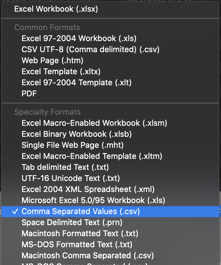 List of file formats for saving Excel documents, with Comma Separated Values selected.