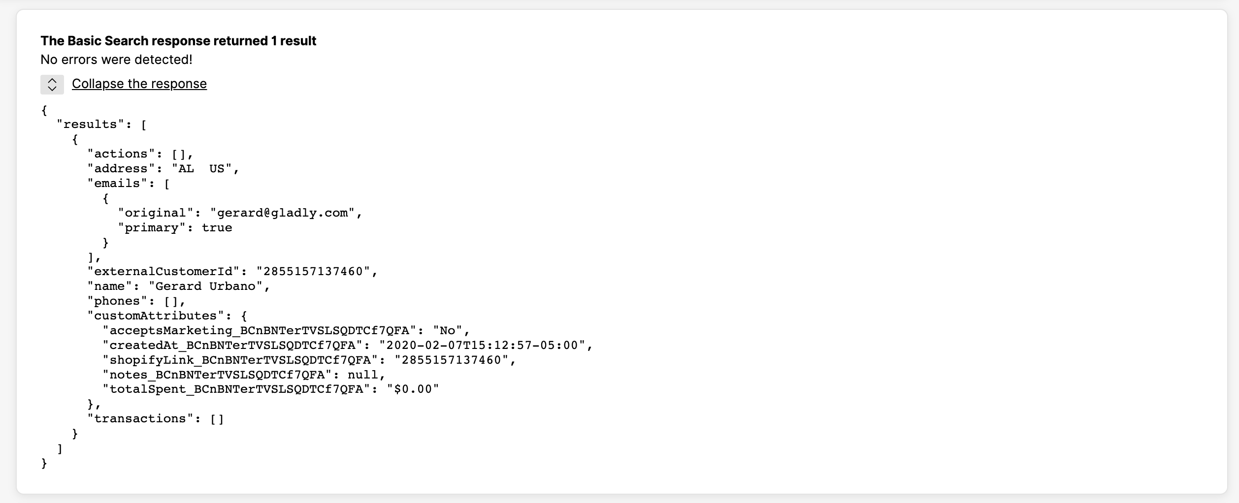 Basic search response showing customer details including name, email, and transactions.