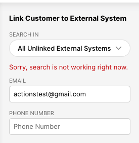 Form for linking a customer to an external system with email and phone number fields.