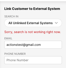 Linking customer to external systems with email and phone number fields displayed.