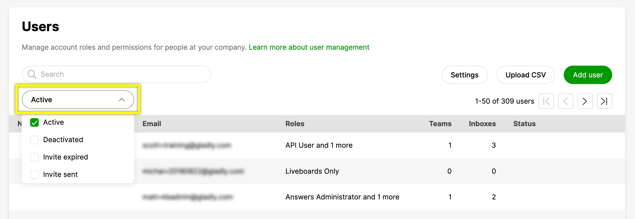 User management interface showing active user filter and user roles list.