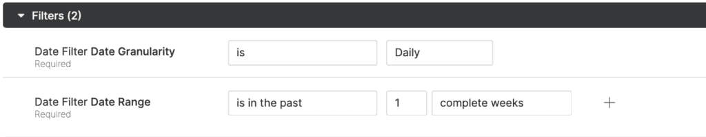 Filters for date granularity and range settings in a data analysis interface.