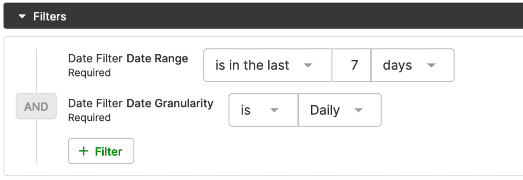 Filters for selecting date range and granularity in a data analysis tool.