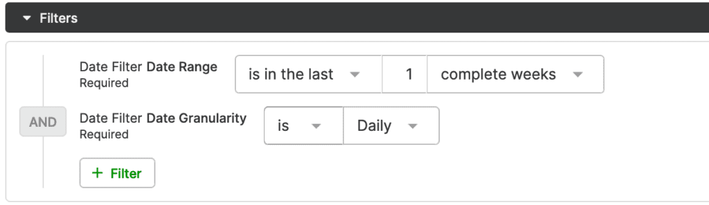 Filters for selecting date range and granularity in a data analysis tool.