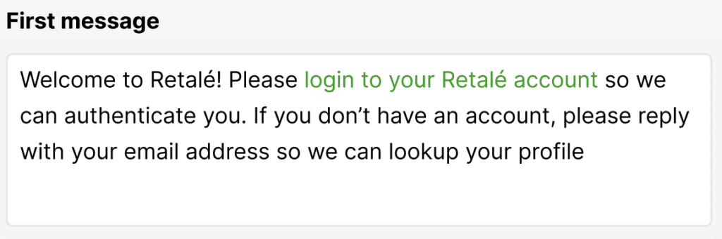 Welcome message prompting login or email for Retalé account authentication.