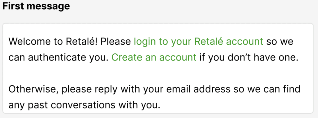 Welcome message prompting login or account creation for Retalé users.