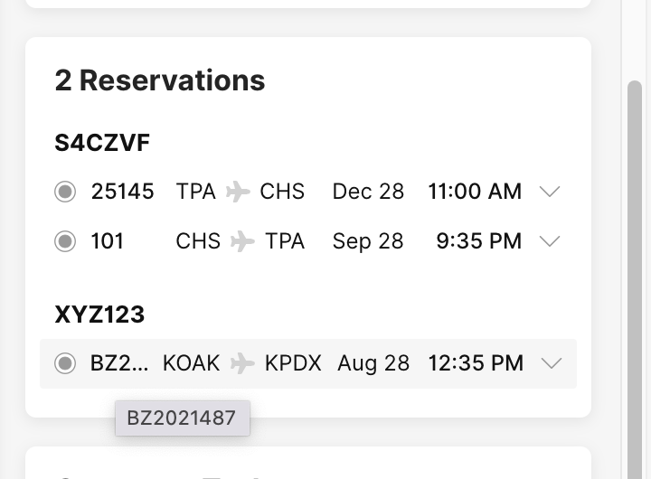 Flight reservations showing details for two upcoming flights and a confirmation code.