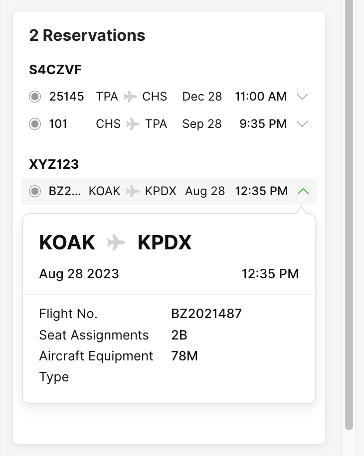 Flight reservations showing details for two upcoming flights and seat assignments.