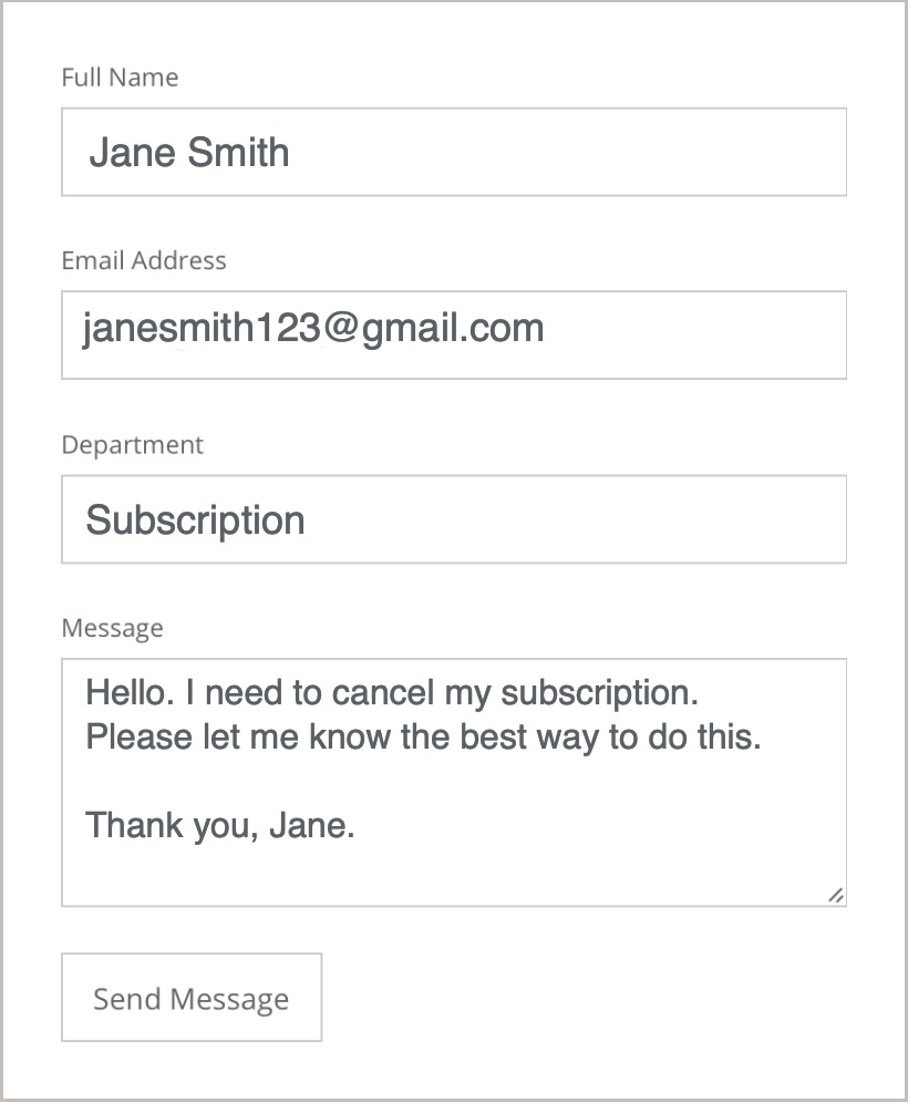 Contact form showing user details and a message to cancel subscription.