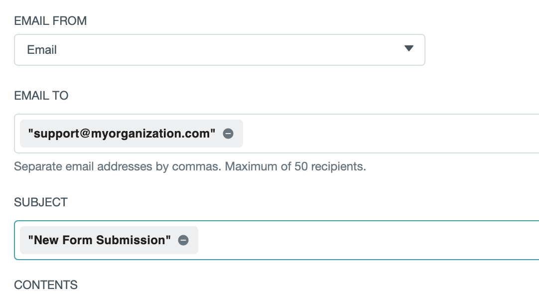 Email form submission fields including sender, recipient, subject, and content sections.