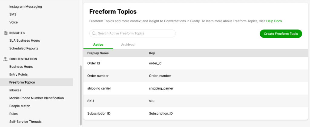 Overview of Freeform Topics with display names and corresponding keys listed in a table.