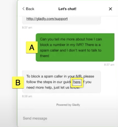 Chat conversation discussing blocking spam callers with a link for further assistance.