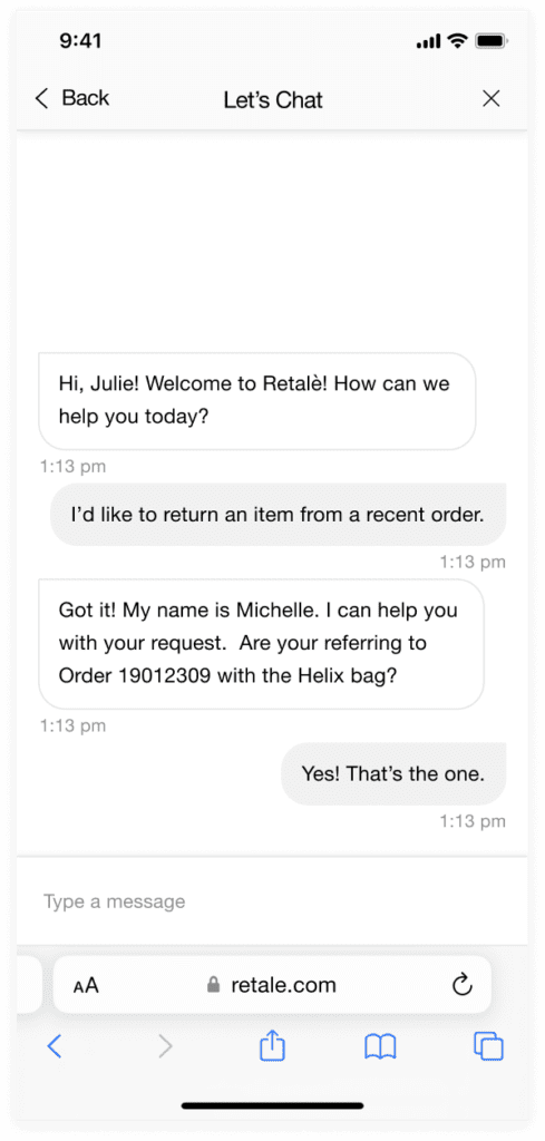 A chat interface discussing a return request for an order with customer support.