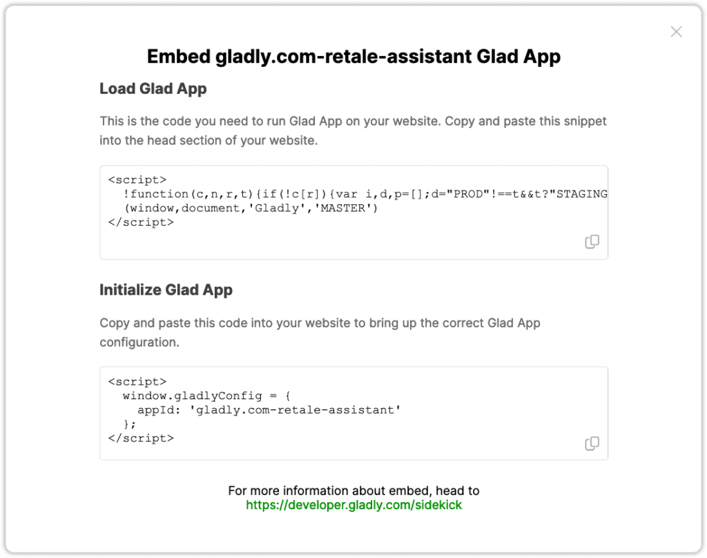 Instructions to embed and initialize the Glad App on a website using provided code snippets.