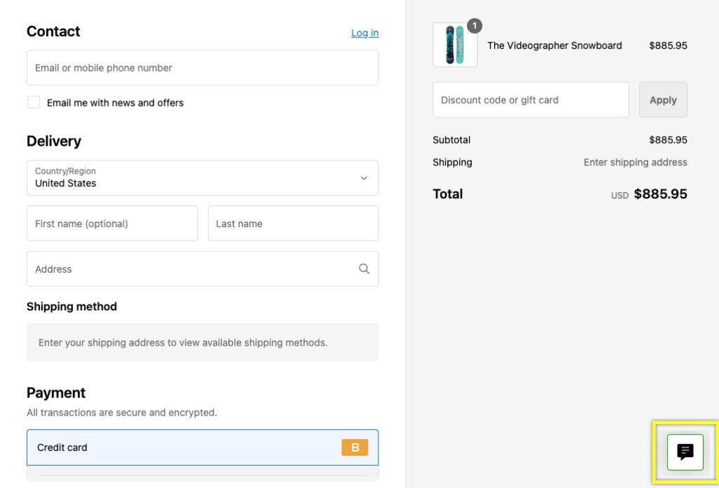 Checkout page displaying contact, delivery, and payment information for a snowboard purchase.