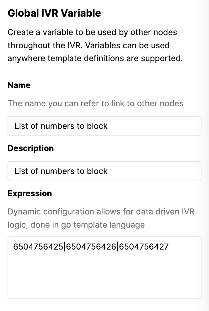 Global IVR variable setup with a list of blocked numbers for configuration.