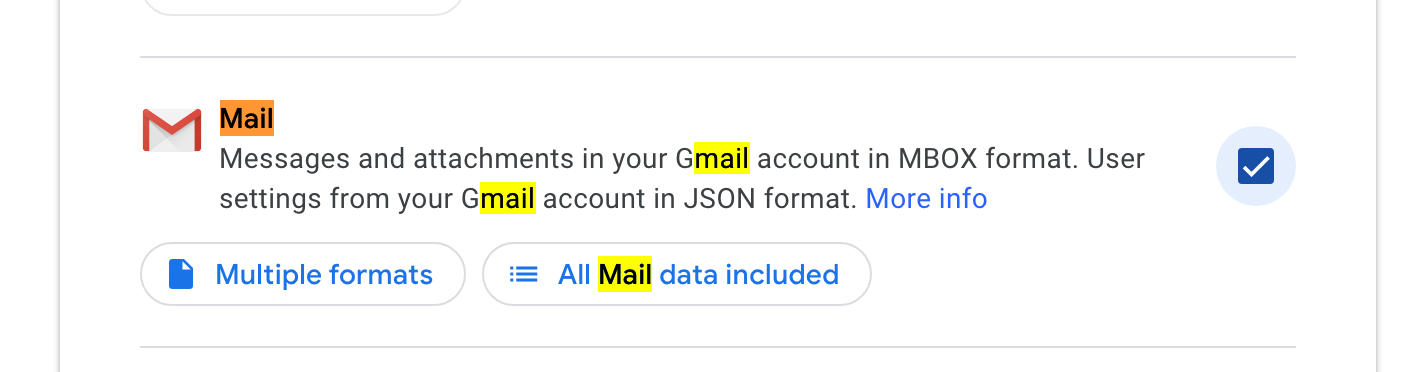 Gmail settings for exporting messages and attachments in MBOX and JSON formats.