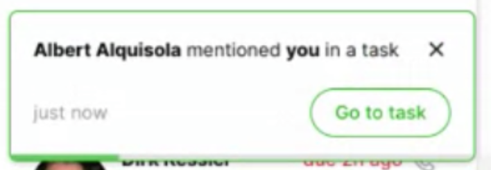 Notification showing Albert Alquisola mentioned you in a task, with action button.
