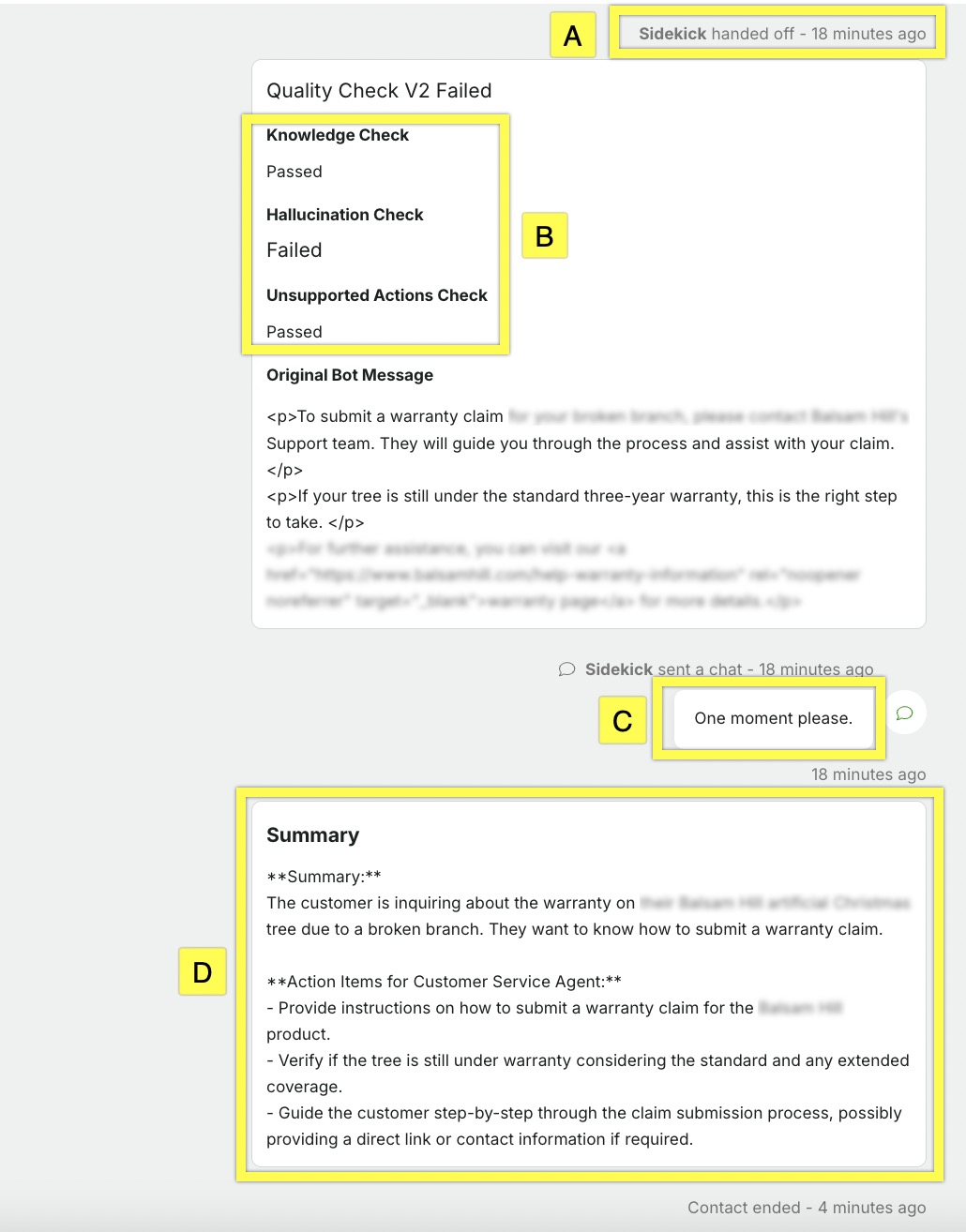 Summary of warranty claim process for a broken tree branch issue.