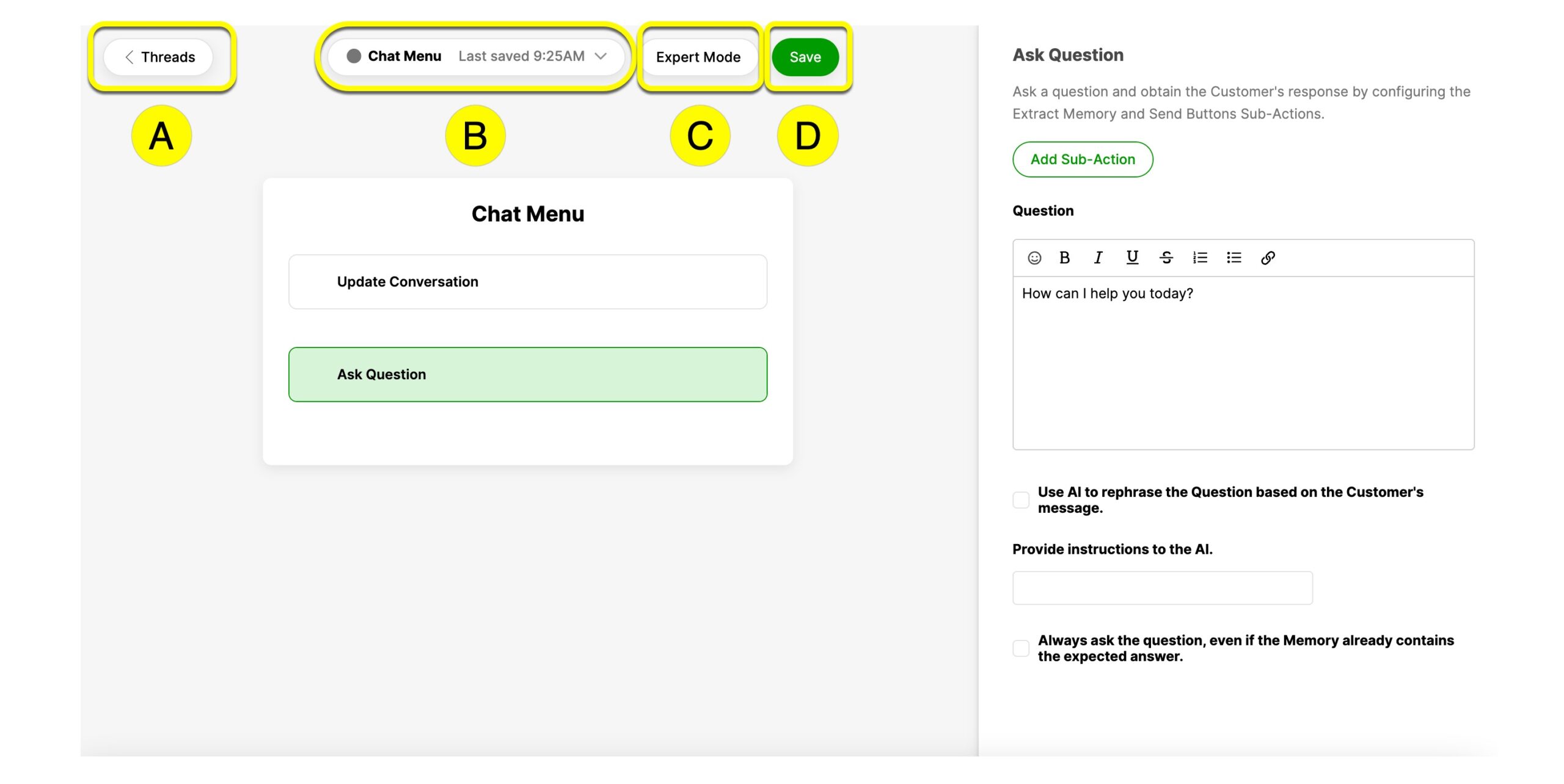 User interface showing chat options, including save and expert mode features.