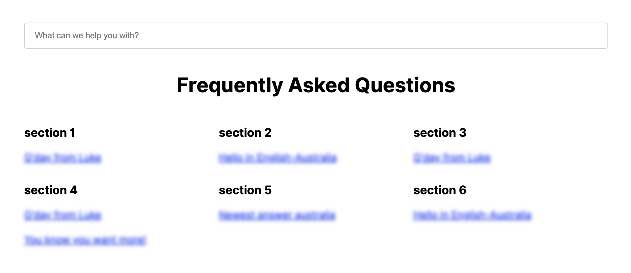 A FAQ section with various topics and a search bar at the top.