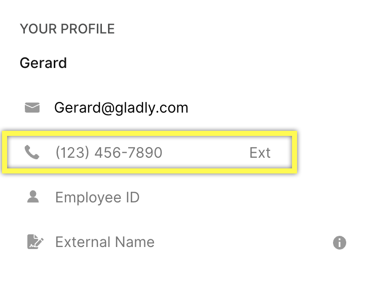 Profile information for Gerard, including email and highlighted phone number with extension.