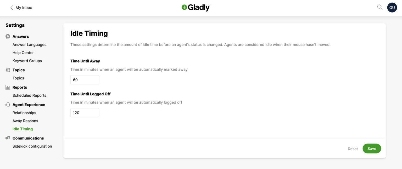 Settings for idle timing in Gladly, including away and logged off durations.