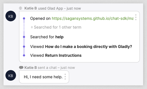 User Katie B seeks help in the Glad App after searching for assistance.