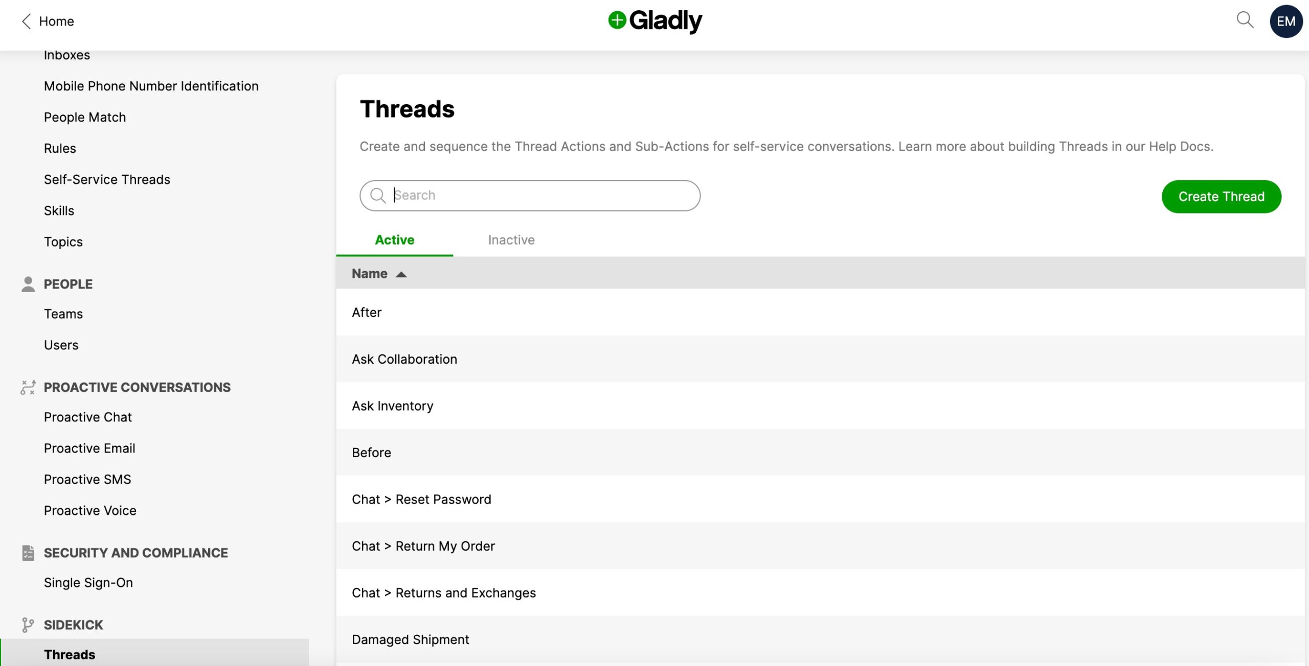 Gladly interface showing active threads and options for self-service conversations.