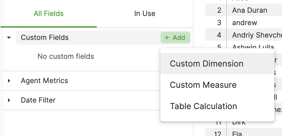 Menu options for custom fields, metrics, and calculations in a data analysis tool.