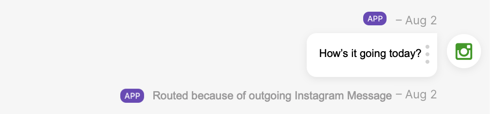 A message interface showing a conversation about an Instagram message routing.