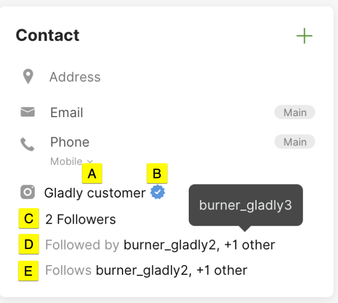 Contact information for a Gladly customer, including followers and connections.