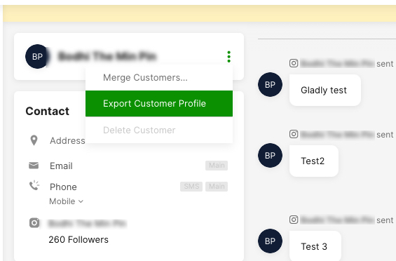 Customer profile management interface showing export option and recent messages.