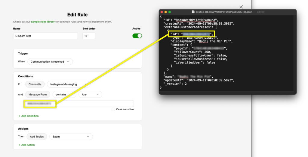 Editing an Instagram messaging rule with highlighted conditions and actions for spam detection.