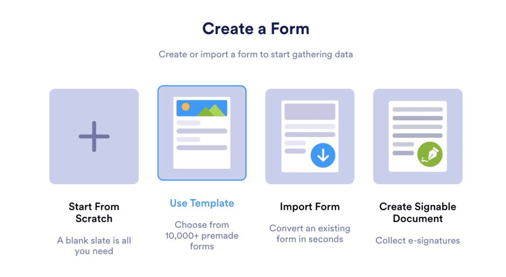 Options to create or import forms for data collection and e-signatures.