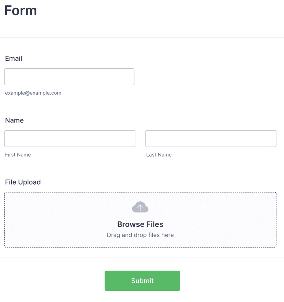 A form for user input including email, name, and file upload sections.