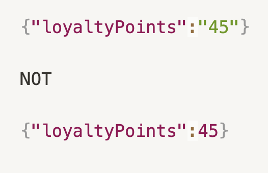 Comparison of loyalty points formats, highlighting the correct representation without quotes.