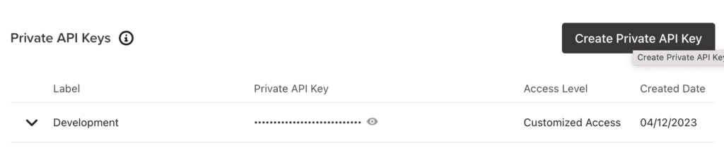 Interface displaying private API keys with options to create and manage access levels.