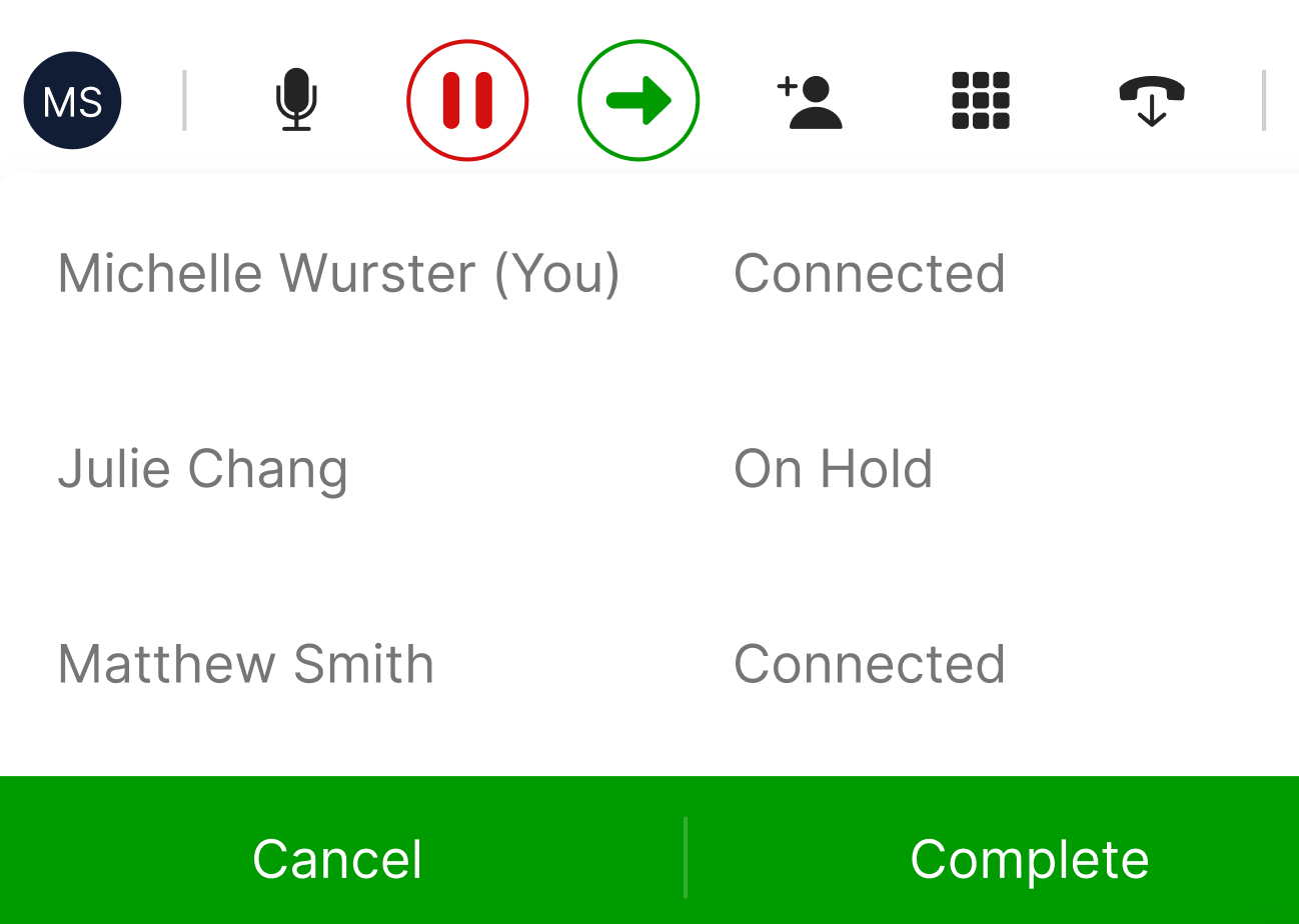 Call interface showing connected and on-hold participants with action buttons.