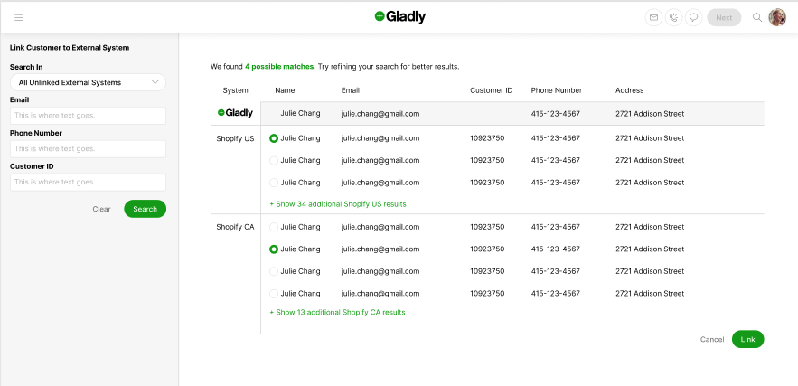 Search interface showing possible matches for linking a customer to external systems.