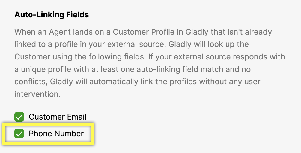 Gladly auto-linking fields showing checked Customer Email and Phone Number options.