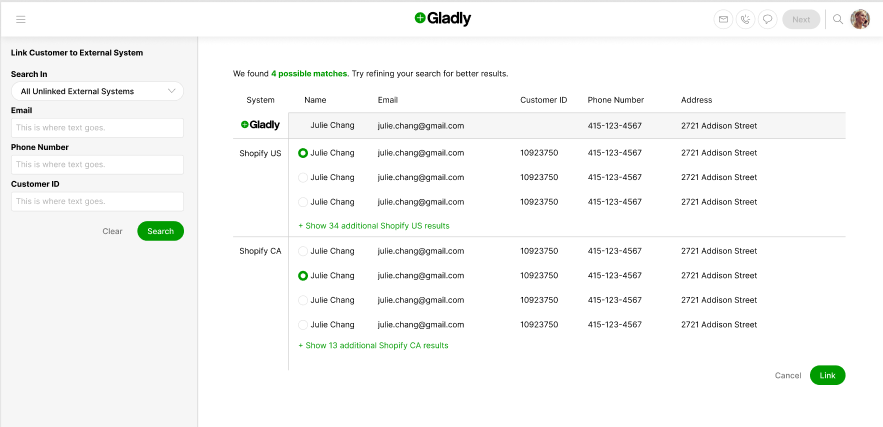 Search interface showing possible matches for customer Julie Chang in Gladly system.