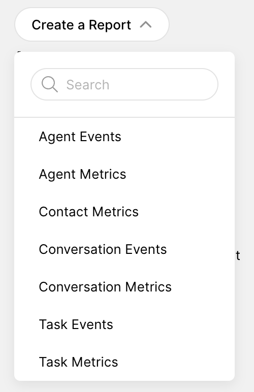 Dropdown menu displaying various report categories for data analysis and metrics tracking.