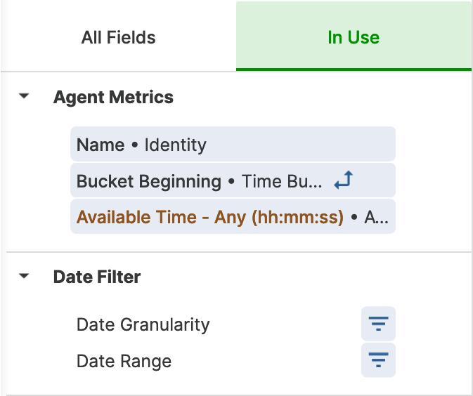 Agent metrics section displaying available time and date filter options for analysis.