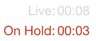 Display showing live time and hold duration for a call or session.