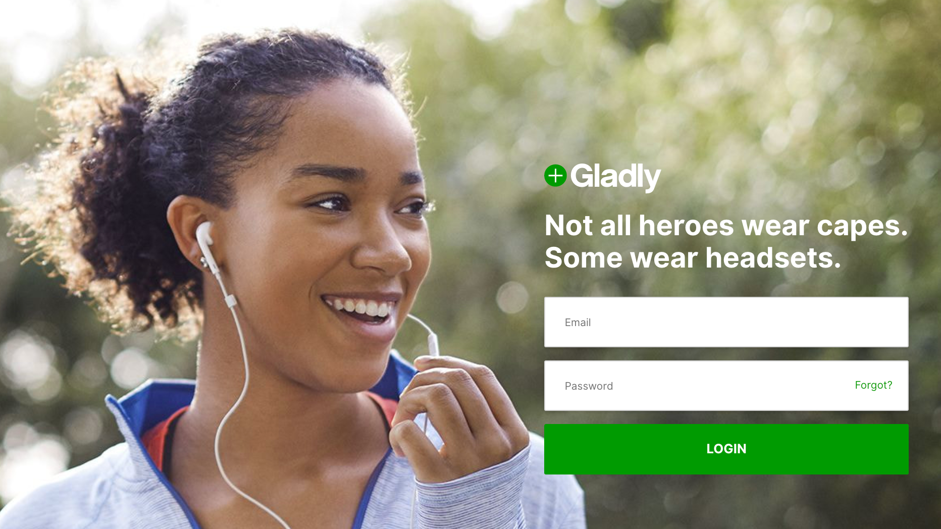 A woman smiling while wearing headphones, with a login form displayed beside her.